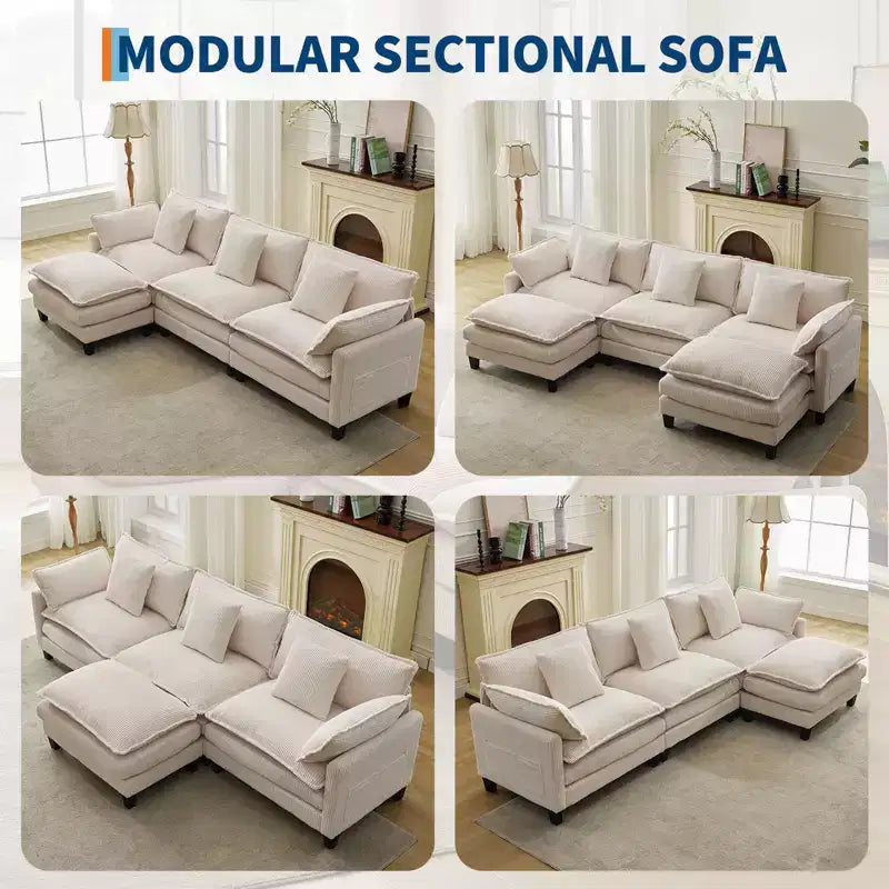 Divano sezionale a 3 posti con pouf, divano in velluto a coste profondo, doppi cuscini, cuscini in peluche per schienale e braccioli, comodo divano Cloud per soggiorno