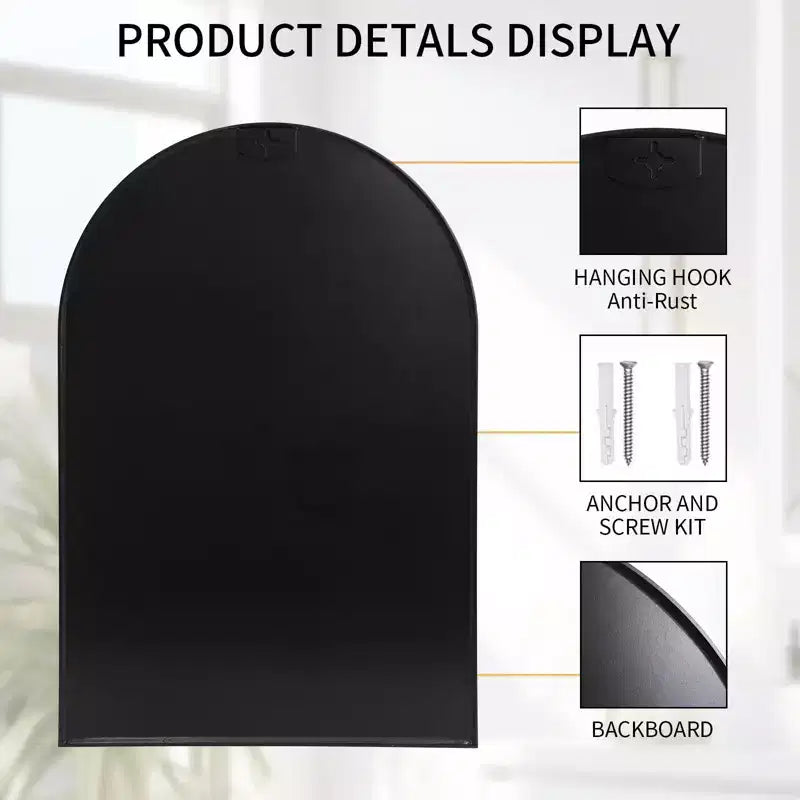 Specchio da parete ad arco 24*36, specchio da bagno a parete per camera da letto, soggiorno, ingresso, cornice profonda in metallo, nero