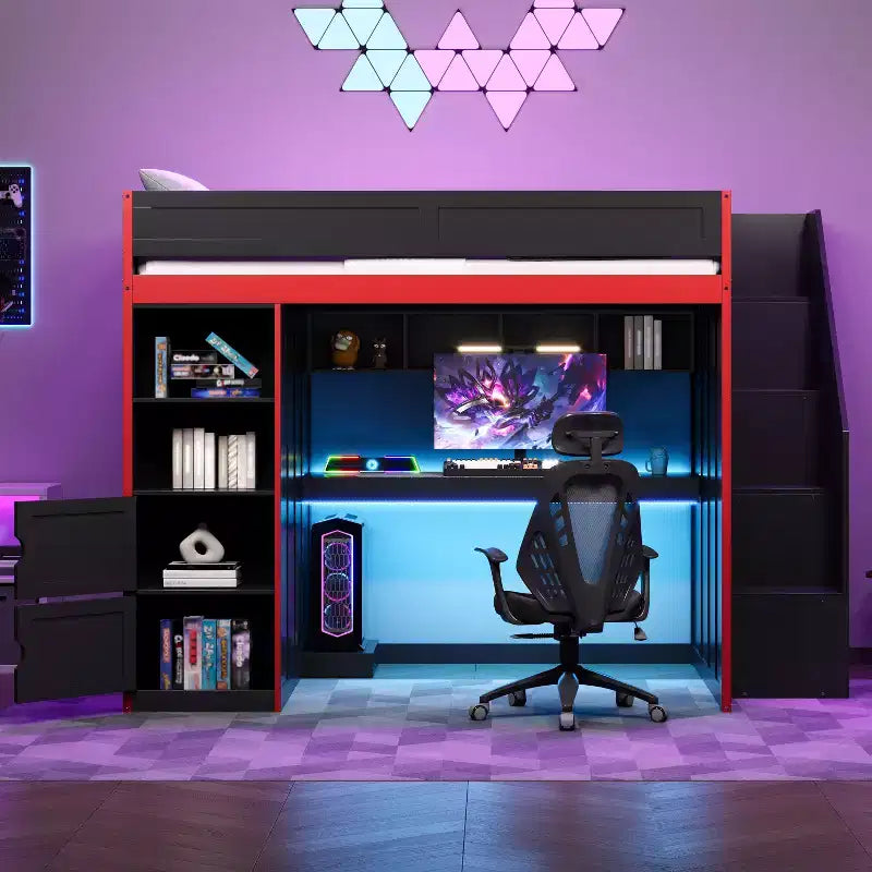Letto a soppalco da gaming per ragazzi/adulti, per materassi singoli/matrimoniali, con scrivania, contenitore e luci a LED, struttura in legno, nero - ModernLuxe