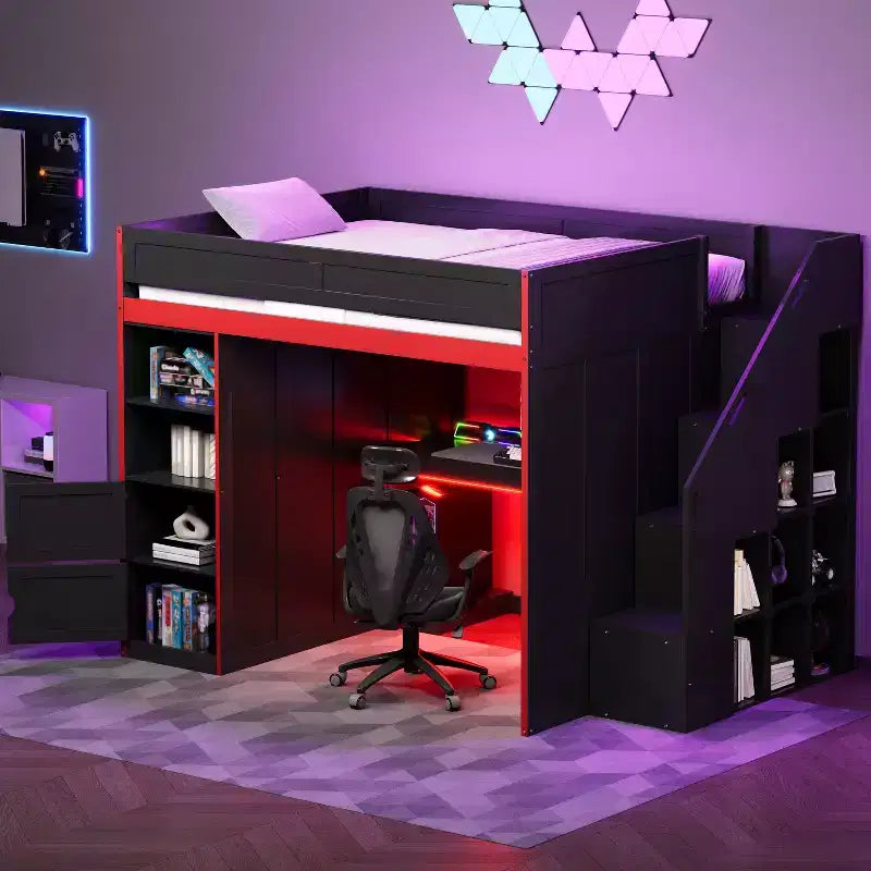 Letto a soppalco da gaming per ragazzi/adulti, per materassi singoli/matrimoniali, con scrivania, contenitore e luci a LED, struttura in legno, nero - ModernLuxe
