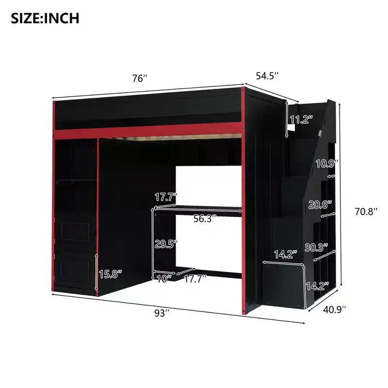 Letto a soppalco da gaming per ragazzi/adulti, per materassi singoli/matrimoniali, con scrivania, contenitore e luci a LED, struttura in legno, nero - ModernLuxe