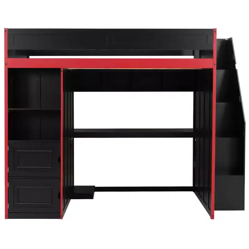 Letto a soppalco da gaming per ragazzi/adulti, per materassi singoli/matrimoniali, con scrivania, contenitore e luci a LED, struttura in legno, nero - ModernLuxe
