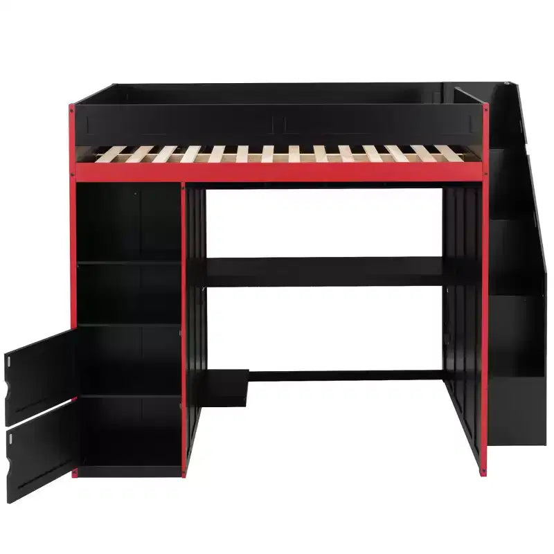 Letto a soppalco da gaming per ragazzi/adulti, per materassi singoli/matrimoniali, con scrivania, contenitore e luci a LED, struttura in legno, nero - ModernLuxe