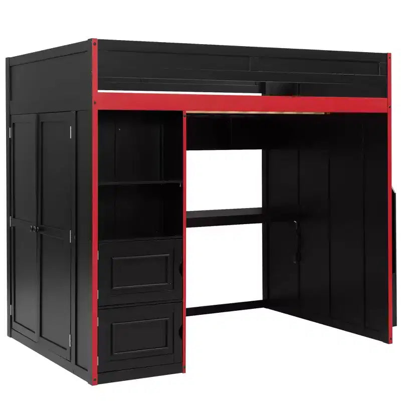 Letto a soppalco da gaming per ragazzi/adulti, per materassi singoli/matrimoniali, con scrivania, contenitore e luci a LED, struttura in legno, nero - ModernLuxe