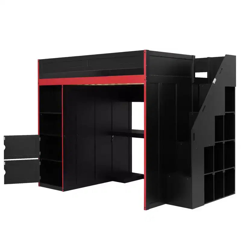 Letto a soppalco da gaming per ragazzi/adulti, per materassi singoli/matrimoniali, con scrivania, contenitore e luci a LED, struttura in legno, nero - ModernLuxe