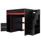 Letto a soppalco da gaming per ragazzi/adulti, per materassi singoli/matrimoniali, con scrivania, contenitore e luci a LED, struttura in legno, nero - ModernLuxe