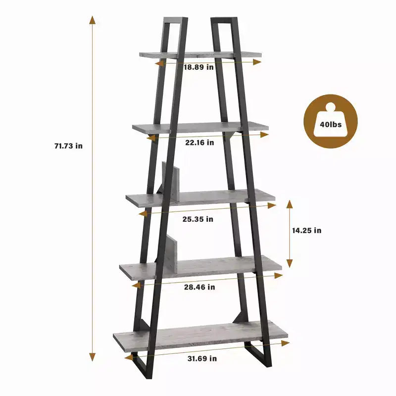 Scaffale a Scala a 5 Ripiani, Libreria Retrò a Terra con Ripiani, Scaffale Alto per Libri CD Film, Scaffale Organizzatore Stretto per Camera da Letto