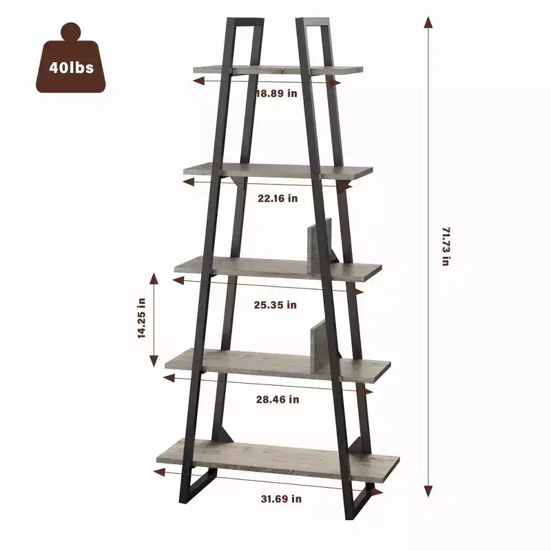 Scaffale a Scala a 5 Ripiani, Libreria Retrò a Terra con Ripiani, Scaffale Alto per Libri CD Film, Scaffale Organizzatore Stretto per Camera da Letto