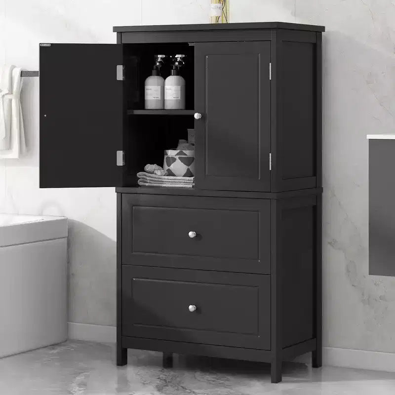 Mobile da bagno con due ante e cassetti, ripiano regolabile, in MDF, nero
