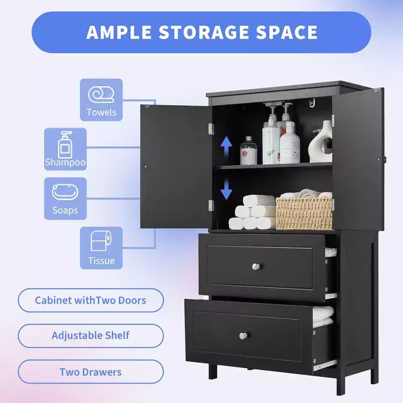 Mobile da bagno con due ante e cassetti, ripiano regolabile, in MDF, nero