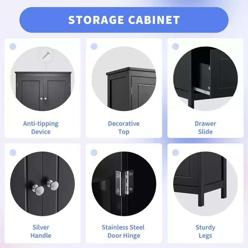 Mobile da bagno con due ante e cassetti, ripiano regolabile, in MDF, nero