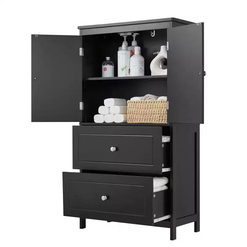 Mobile da bagno con due ante e cassetti, ripiano regolabile, in MDF, nero