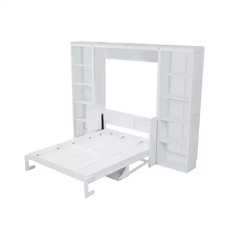 Letto a scomparsa Murphy con scrivania, Letto a mobile in legno con libreria, Letto a cassapanca pieghevole da parete per camera da letto e camera degli ospiti, Bianco