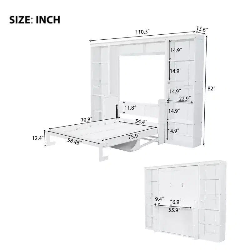 Letto a scomparsa Murphy con scrivania, Letto a mobile in legno con libreria, Letto a cassapanca pieghevole da parete per camera da letto e camera degli ospiti, Bianco