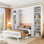 Letto a scomparsa Murphy con scrivania, Letto a mobile in legno con libreria, Letto a cassapanca pieghevole da parete per camera da letto e camera degli ospiti, Bianco