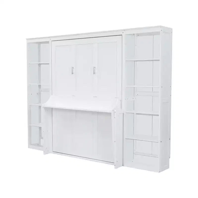 Letto a scomparsa Murphy con scrivania, Letto a mobile in legno con libreria, Letto a cassapanca pieghevole da parete per camera da letto e camera degli ospiti, Bianco