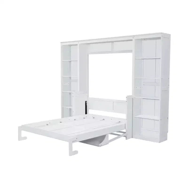 Letto a scomparsa Murphy con scrivania, Letto a mobile in legno con libreria, Letto a cassapanca pieghevole da parete per camera da letto e camera degli ospiti, Bianco