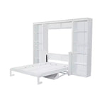 Letto a scomparsa Murphy con scrivania, Letto a mobile in legno con libreria, Letto a cassapanca pieghevole da parete per camera da letto e camera degli ospiti, Bianco