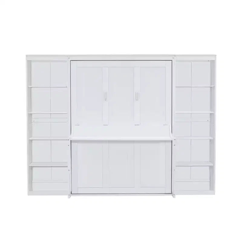 Letto a scomparsa Murphy con scrivania, Letto a mobile in legno con libreria, Letto a cassapanca pieghevole da parete per camera da letto e camera degli ospiti, Bianco