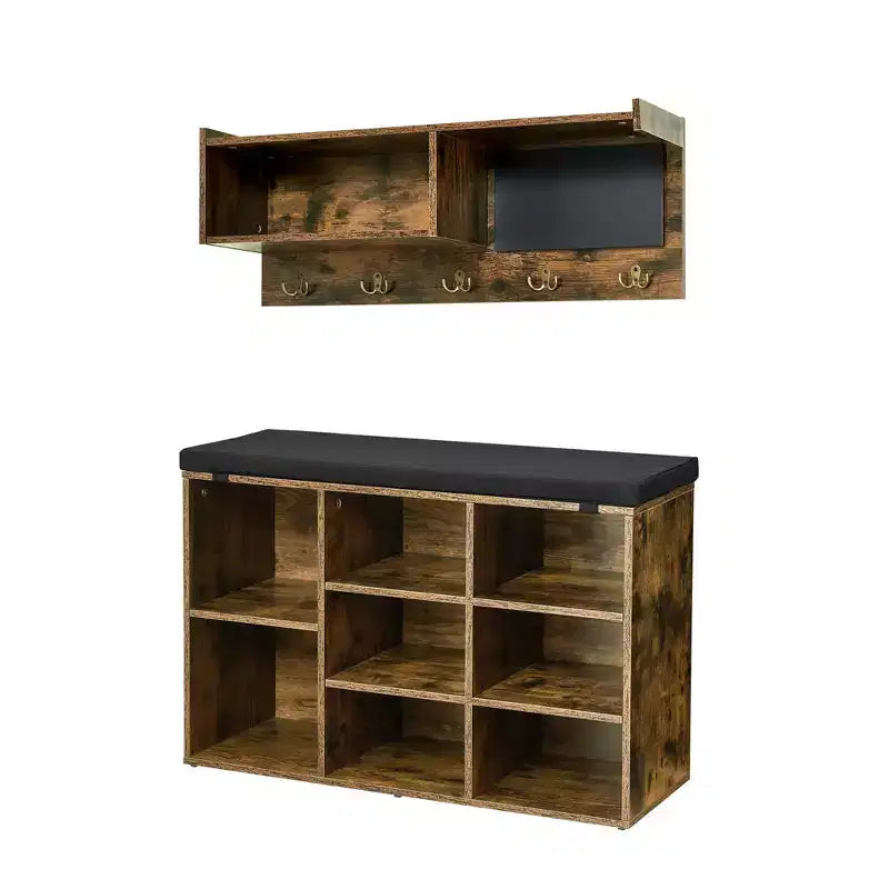 Hall Tree, Wall-Mounted Coat Rack and Shoe Bench Set with 5 Hooks, Industrial Style Entryway Storage Coat Rack, Shoe Cabinet with Hallway Storage