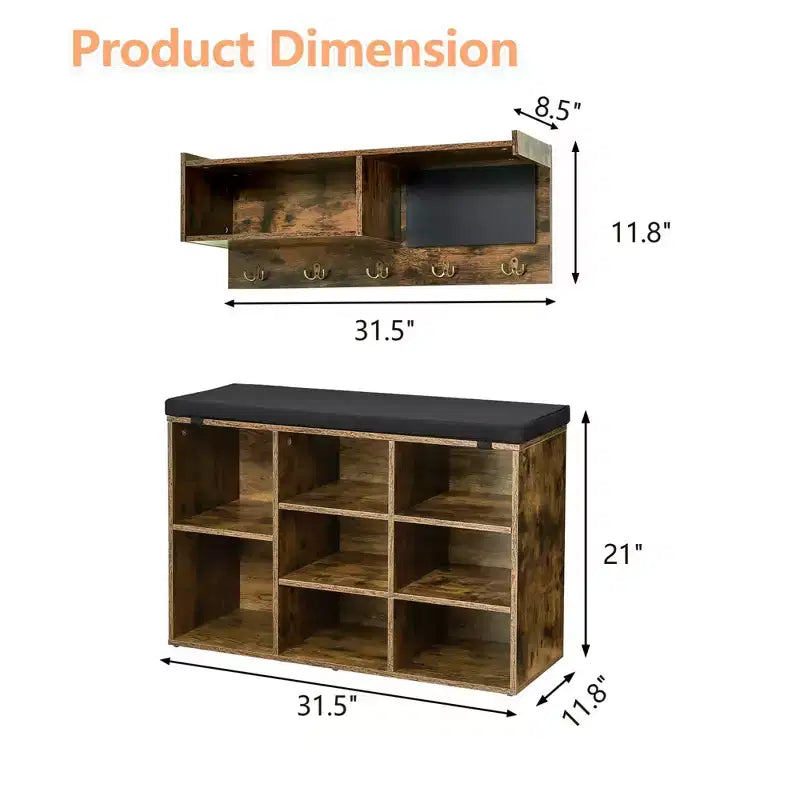 Pannello appendiabiti, set appendiabiti da parete e panca portascarpe con 5 ganci, appendiabiti da ingresso in stile industriale, scarpiera con contenitore da corridoio