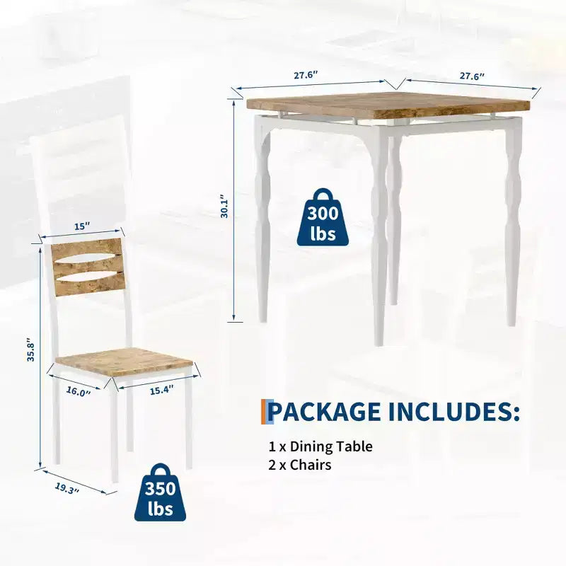 Set da pranzo per 2, Tavolo e sedie compatti da 3 pezzi, Seduta ergonomica confortevole, Ideale per piccoli spazi, cucine, appartamenti