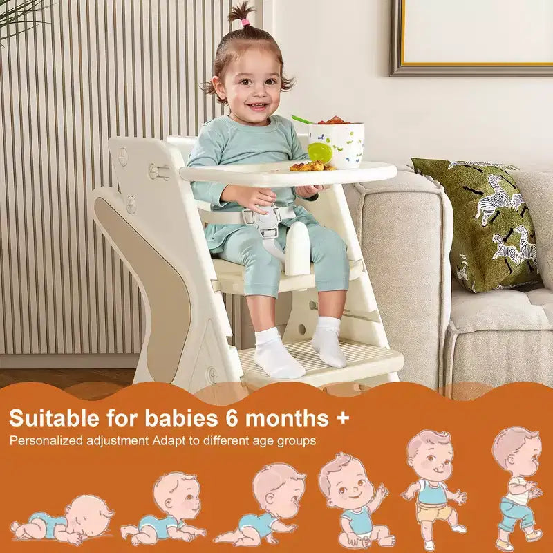 Sedia da pranzo multifunzione, sedia per bambini con cinture di sicurezza e un grande piatto estraibile