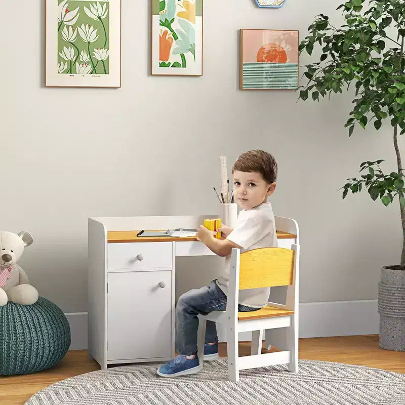 Set Tavolo e 2 Sedie per Bambini con Cassetto, MDF Sicuro, Facile da Montare, Ideale per Compiti e Giochi - Bianco