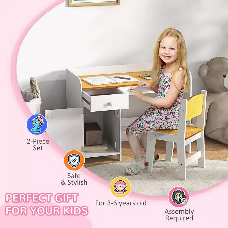 Set Tavolo e 2 Sedie per Bambini con Cassetto, MDF Sicuro, Facile da Montare, Ideale per Compiti e Giochi - Bianco