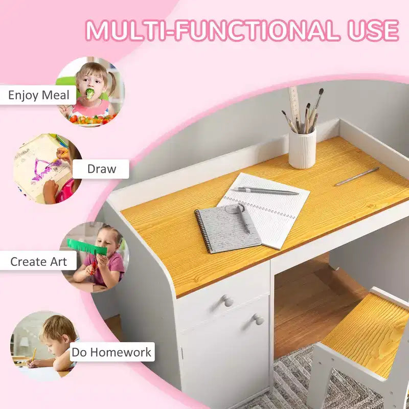 Set Tavolo e 2 Sedie per Bambini con Cassetto, MDF Sicuro, Facile da Montare, Ideale per Compiti e Giochi - Bianco