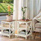 Tavolini da Caffè Rustici da Fattoria (Set da 2), Tavolini Laterali a 3 Livelli con Design a X, Comodini in Legno per Soggiorno o Camera da Letto