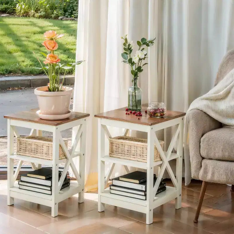 Tavolini da Caffè Rustici da Fattoria (Set da 2), Tavolini Laterali a 3 Livelli con Design a X, Comodini in Legno per Soggiorno o Camera da Letto