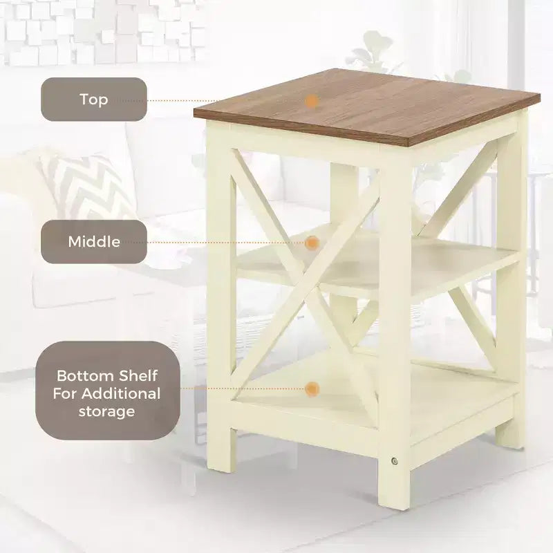 Tavolini da Caffè Rustici da Fattoria (Set da 2), Tavolini Laterali a 3 Livelli con Design a X, Comodini in Legno per Soggiorno o Camera da Letto