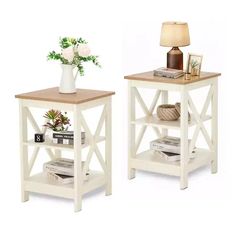 Tavolini da Caffè Rustici da Fattoria (Set da 2), Tavolini Laterali a 3 Livelli con Design a X, Comodini in Legno per Soggiorno o Camera da Letto