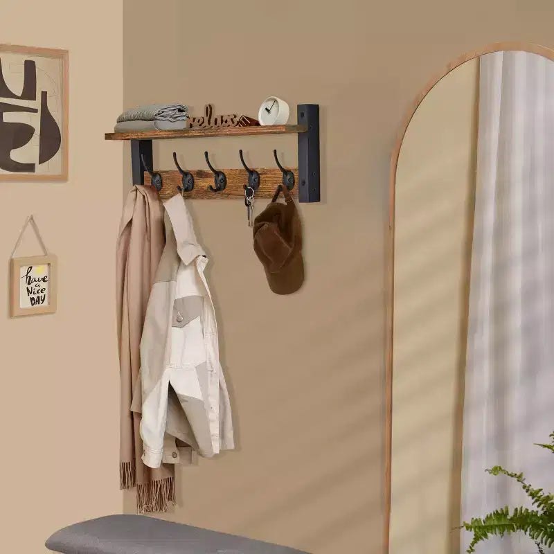 Mensola da parete galleggiante da 24 pollici con 5 ganci resistenti per ingresso, bagno, camera da letto, cucina o ripostiglio