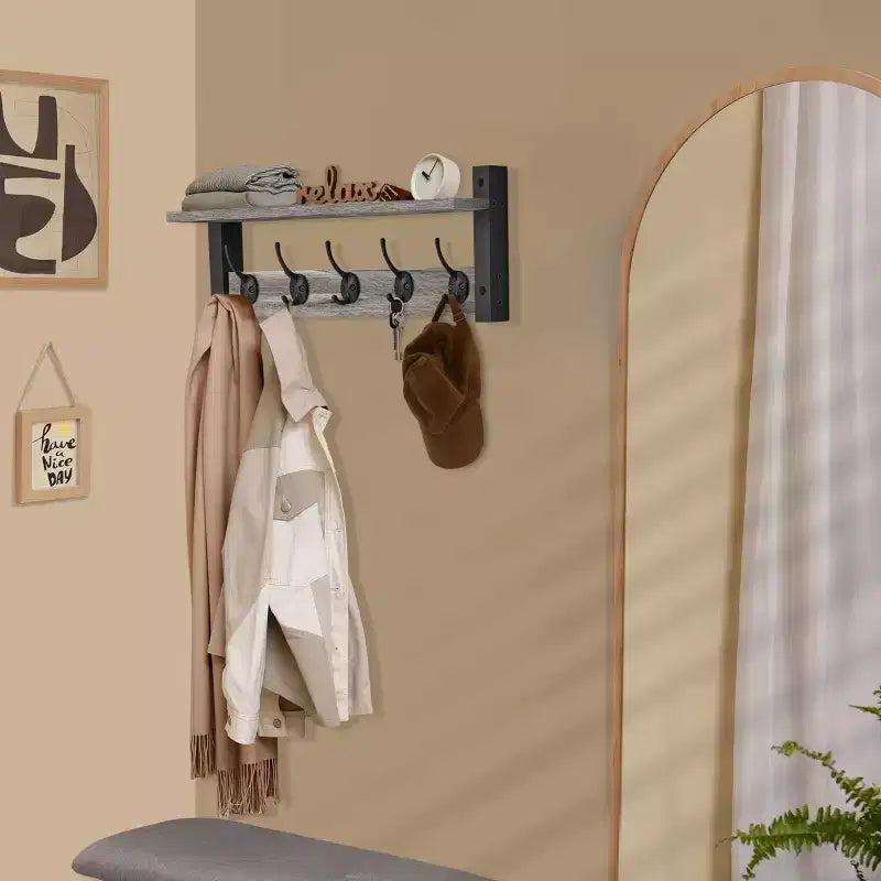 Mensola da parete galleggiante da 24 pollici con 5 ganci resistenti per ingresso, bagno, camera da letto, cucina o ripostiglio