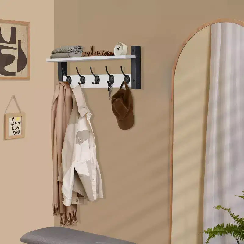 Mensola da parete galleggiante da 24 pollici con 5 ganci resistenti per ingresso, bagno, camera da letto, cucina o ripostiglio