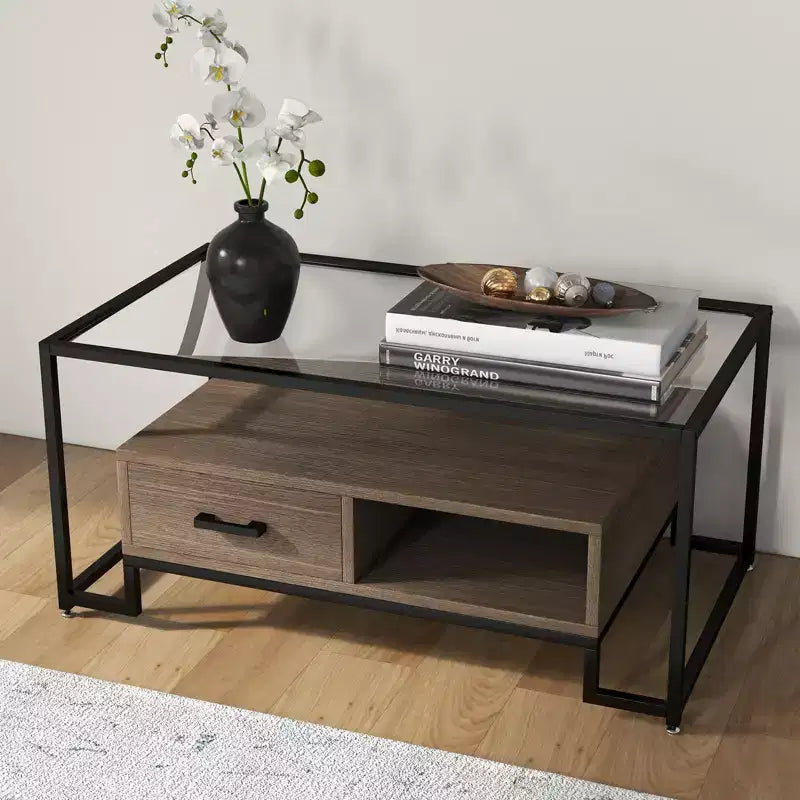 Tavolino da caffè in vetro temperato, tavolino centrale con 2 cassetti e ripiano portaoggetti, tavolino d'appoggio vintage con piano in vetro per casa, soggiorno, appartamento, ufficio