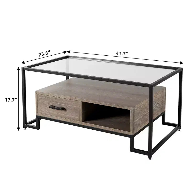 Tavolino da caffè in vetro temperato, tavolino centrale con 2 cassetti e ripiano portaoggetti, tavolino d'appoggio vintage con piano in vetro per casa, soggiorno, appartamento, ufficio