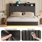 Floating bed frame, modern upholstered platform bed with storage headboard and lamp, wooden slat support, no box spring required, easy to assemble