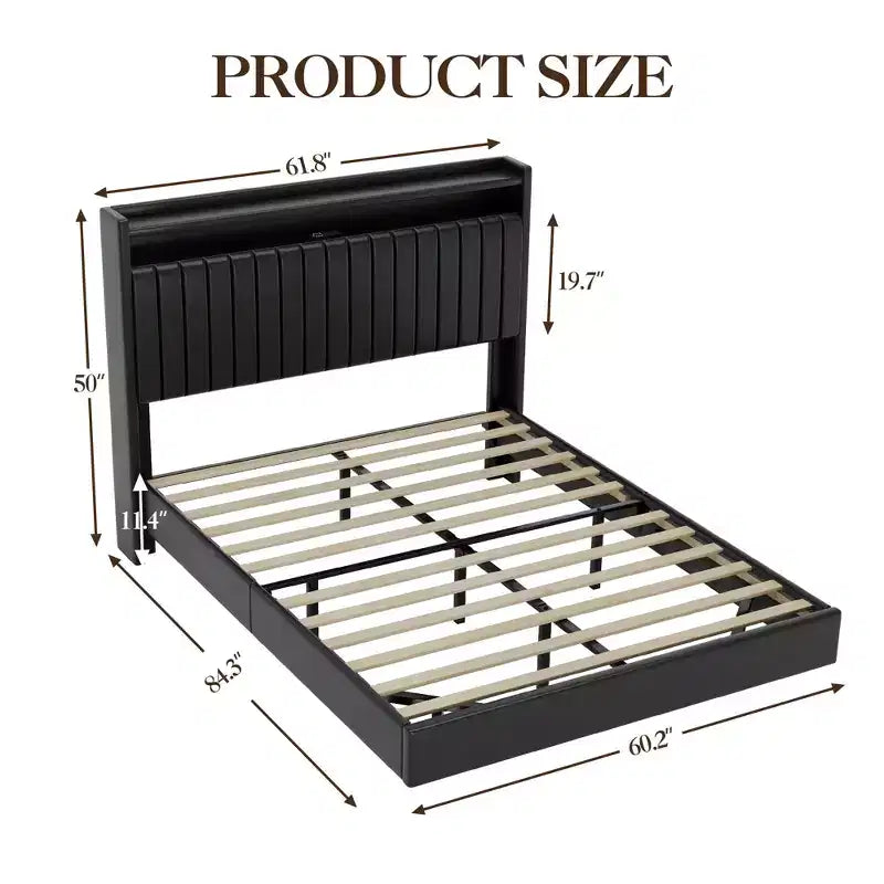 Giroletto sospeso, letto a piattaforma imbottito moderno con testiera contenitore e lampada, supporto a doghe in legno, non richiede box spring, facile da montare