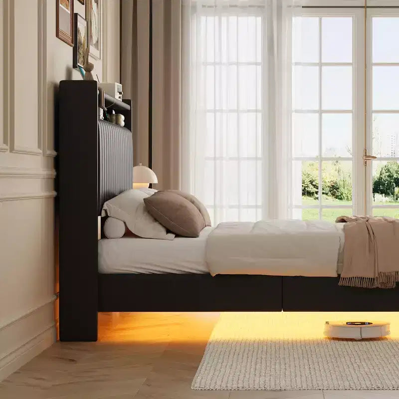 Giroletto sospeso, letto a piattaforma imbottito moderno con testiera contenitore e lampada, supporto a doghe in legno, non richiede box spring, facile da montare