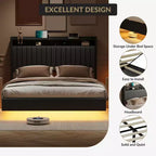 Giroletto sospeso, letto a piattaforma imbottito moderno con testiera contenitore e lampada, supporto a doghe in legno, non richiede box spring, facile da montare