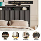 Giroletto sospeso, letto a piattaforma imbottito moderno con testiera contenitore e lampada, supporto a doghe in legno, non richiede box spring, facile da montare