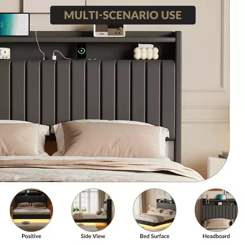 Giroletto sospeso, letto a piattaforma imbottito moderno con testiera contenitore e lampada, supporto a doghe in legno, non richiede box spring, facile da montare