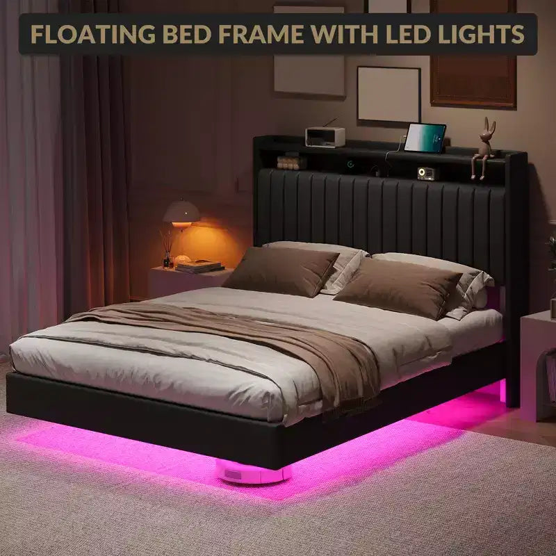 Giroletto sospeso, letto a piattaforma imbottito moderno con testiera contenitore e lampada, supporto a doghe in legno, non richiede box spring, facile da montare