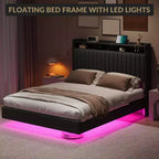 Giroletto sospeso, letto a piattaforma imbottito moderno con testiera contenitore e lampada, supporto a doghe in legno, non richiede box spring, facile da montare