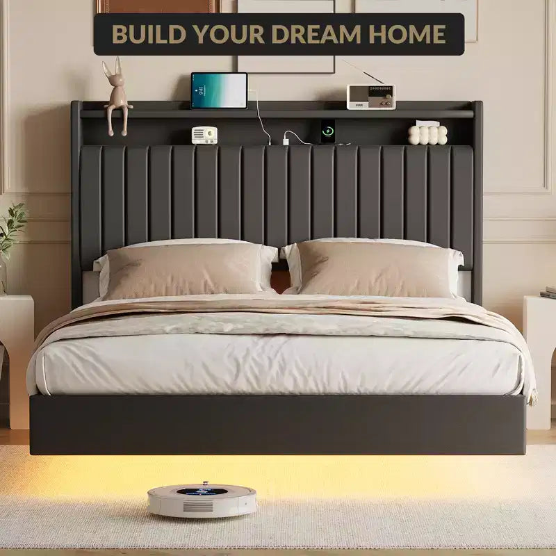 Giroletto sospeso, letto a piattaforma imbottito moderno con testiera contenitore e lampada, supporto a doghe in legno, non richiede box spring, facile da montare