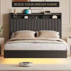 Giroletto sospeso, letto a piattaforma imbottito moderno con testiera contenitore e lampada, supporto a doghe in legno, non richiede box spring, facile da montare