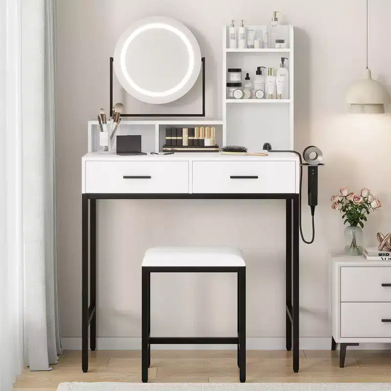 GustoWave Modern Vanity Desk with Adjustable Rotating Mirror, 3 Color Light, Makeup Table with Storage for Bedroom